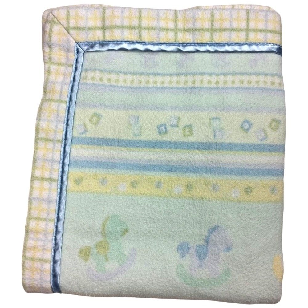 Wamsutta Baby Blue Green Yellow Rocking Horse Blanket Soft Thin Satin Stripes